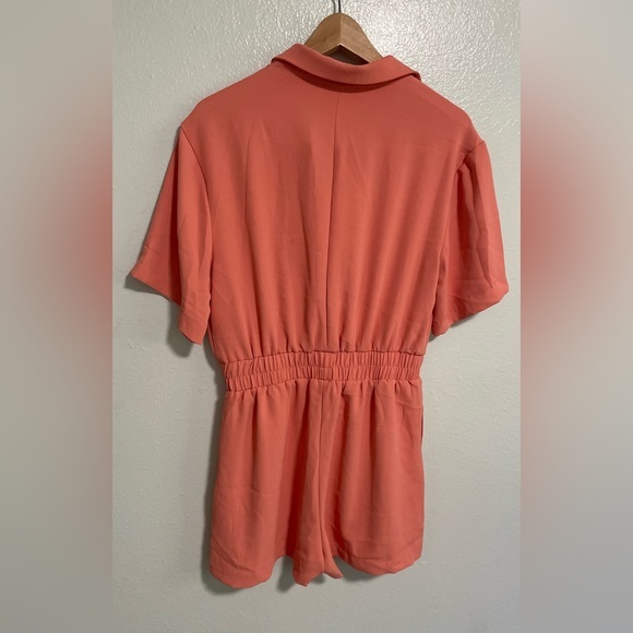 BCBGeneration Short Sleeve Romper Button Front Elastic Waist Collared Coral S - Picture 5 of 6